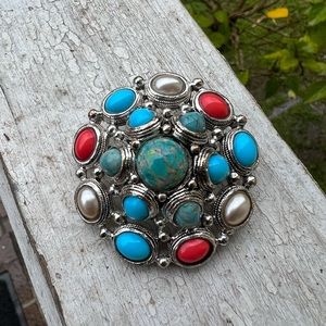 Premier Designs Southwest Aztec Faux Turquoise, Coral, & Pearl Pendant Brooch